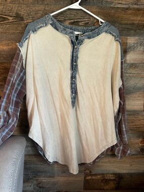 In Bloom Cream Henley Long Sleeve Top with Denim Trim and Plaid Sleeves